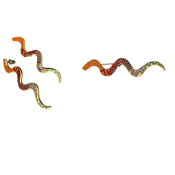 Vintage Laurel Burch Snake Pin Brooch Earrings Cloisonne Rainbow Multico… - Picture 2 of 10
